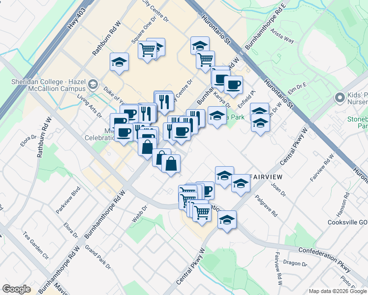map of restaurants, bars, coffee shops, grocery stores, and more near in Mississauga