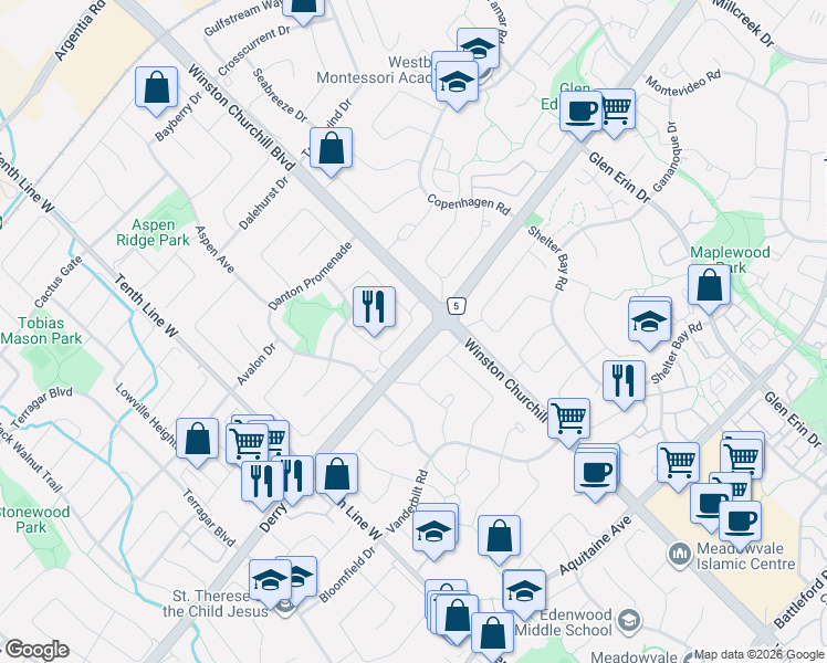 map of restaurants, bars, coffee shops, grocery stores, and more near 3080 Pendleton Road in Mississauga