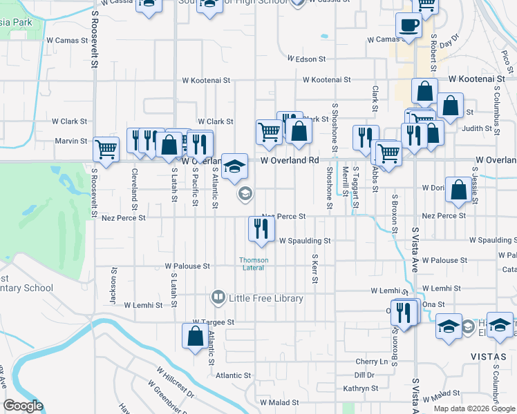 map of restaurants, bars, coffee shops, grocery stores, and more near 3379 Nez Perce Street in Boise