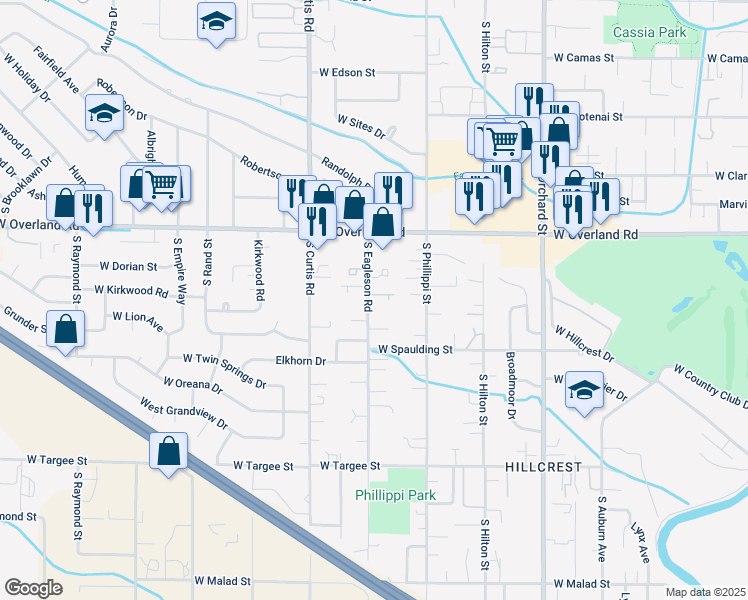 map of restaurants, bars, coffee shops, grocery stores, and more near 1849 South Eagleson Road in Boise
