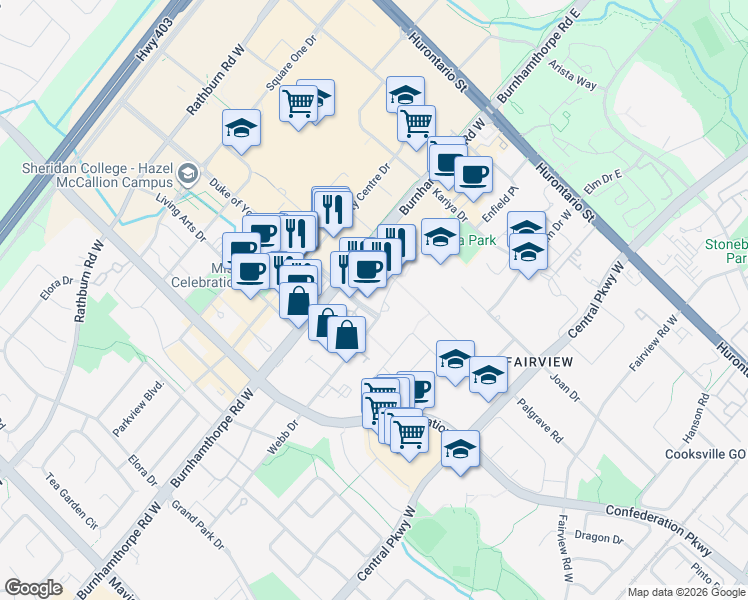 map of restaurants, bars, coffee shops, grocery stores, and more near 225 Webb Drive in Mississauga