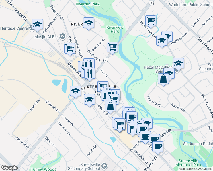 map of restaurants, bars, coffee shops, grocery stores, and more near 25 Arch Road in Mississauga