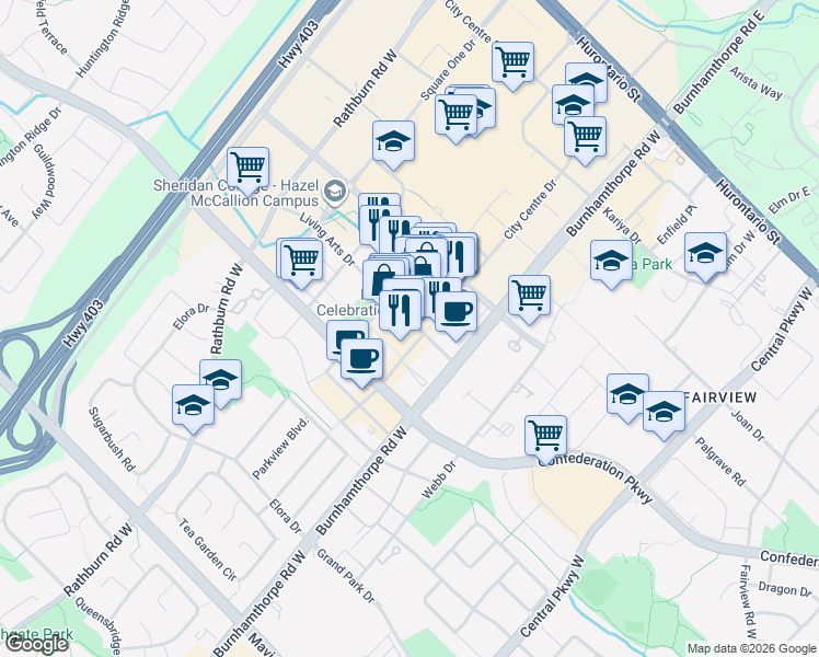 map of restaurants, bars, coffee shops, grocery stores, and more near 4080 Living Arts Drive in Mississauga