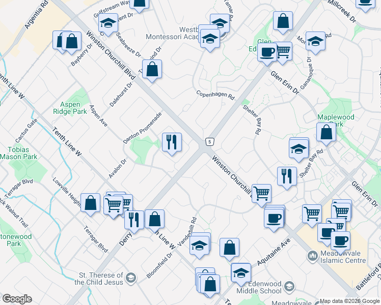 map of restaurants, bars, coffee shops, grocery stores, and more near 3038 Pendleton Road in Mississauga