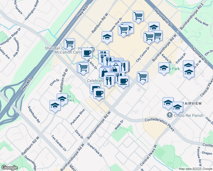 map of restaurants, bars, coffee shops, grocery stores, and more near in Mississauga
