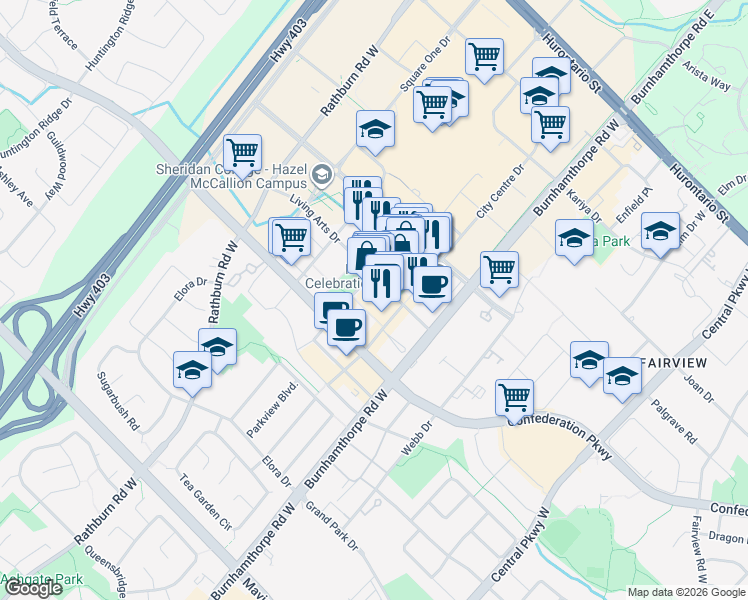 map of restaurants, bars, coffee shops, grocery stores, and more near 4090 Living Arts Drive in Mississauga