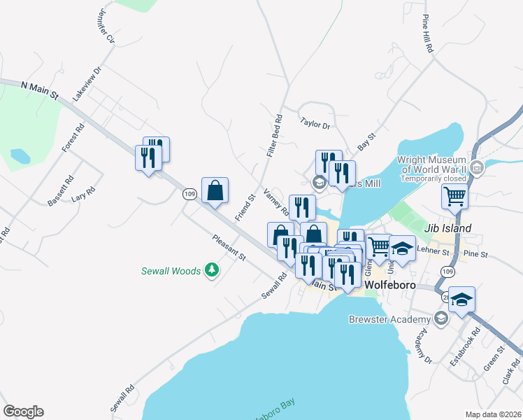 map of restaurants, bars, coffee shops, grocery stores, and more near 24 Varney Road in Wolfeboro