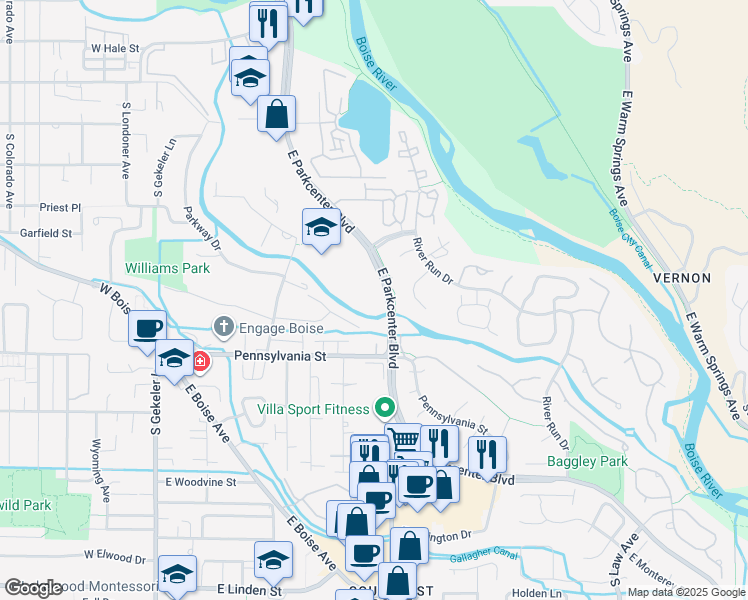 map of restaurants, bars, coffee shops, grocery stores, and more near 767 East Parkcenter Boulevard in Boise