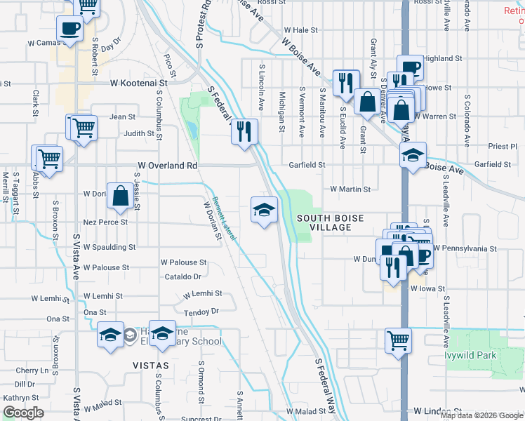 map of restaurants, bars, coffee shops, grocery stores, and more near 1707 South Federal Way in Boise
