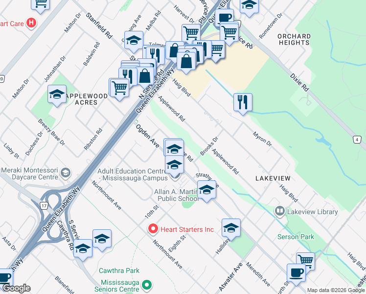 map of restaurants, bars, coffee shops, grocery stores, and more near 1525 Holburne Road in Mississauga