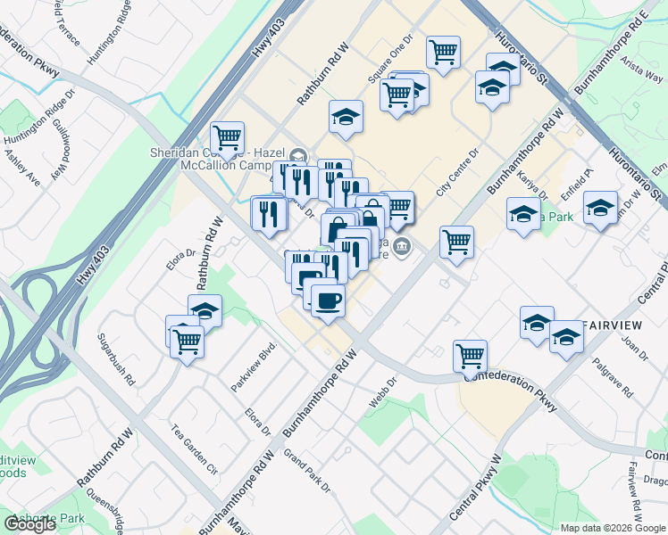 map of restaurants, bars, coffee shops, grocery stores, and more near 330 Princess Royal Drive in Mississauga