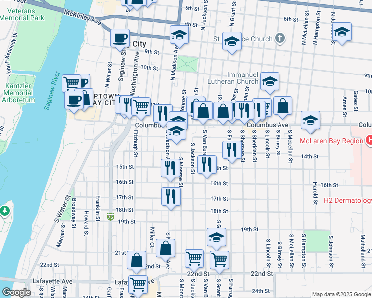 map of restaurants, bars, coffee shops, grocery stores, and more near 217 South Monroe Street in Bay City