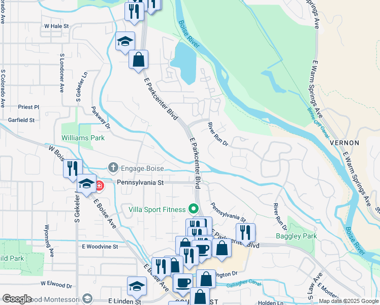 map of restaurants, bars, coffee shops, grocery stores, and more near 1928 Tallwood Lane in Boise