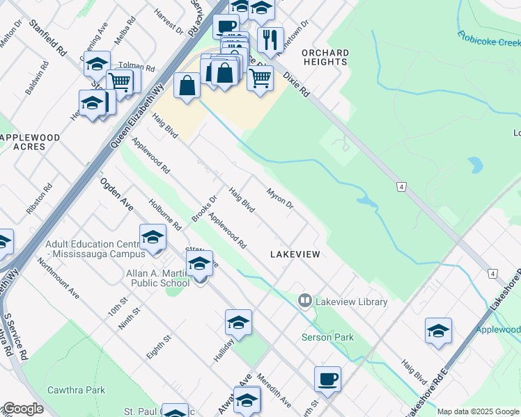 map of restaurants, bars, coffee shops, grocery stores, and more near 1410 Myron Drive in Mississauga