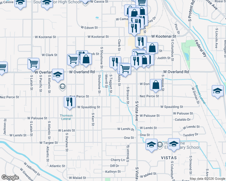 map of restaurants, bars, coffee shops, grocery stores, and more near 1700 South Taggart Street in Boise