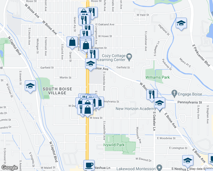 map of restaurants, bars, coffee shops, grocery stores, and more near 2004 South Leadville Avenue in Boise