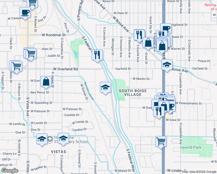 map of restaurants, bars, coffee shops, grocery stores, and more near 1707 South Federal Way in Boise