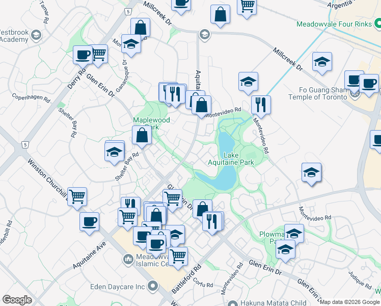 map of restaurants, bars, coffee shops, grocery stores, and more near 2700 Aquitaine Avenue in Mississauga