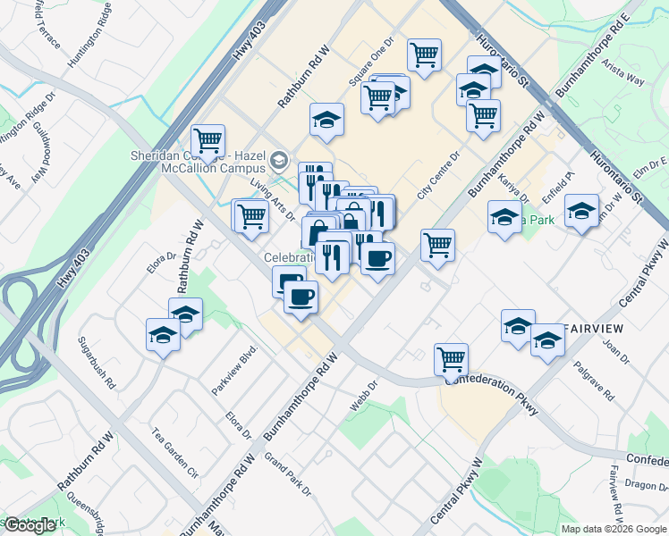 map of restaurants, bars, coffee shops, grocery stores, and more near 4090 Living Arts Drive in Mississauga