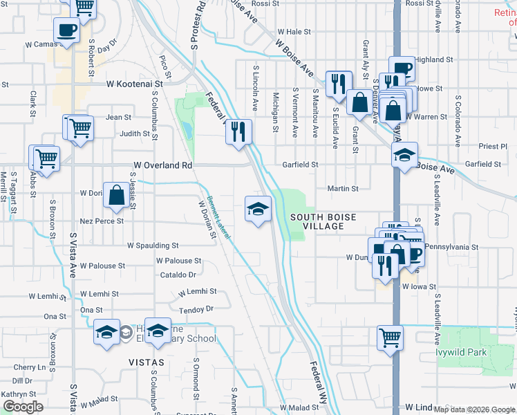 map of restaurants, bars, coffee shops, grocery stores, and more near 1717 South Federal Way in Boise