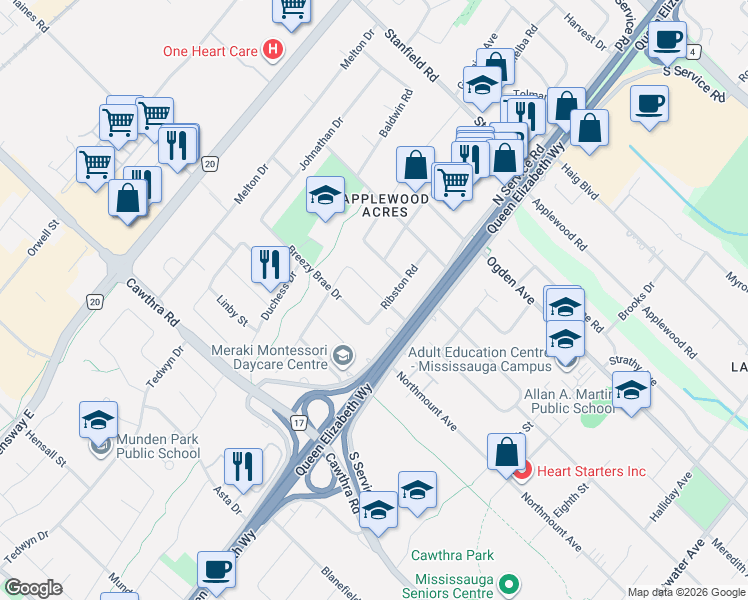 map of restaurants, bars, coffee shops, grocery stores, and more near 2046 Redan Drive in Mississauga