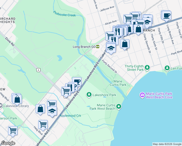 map of restaurants, bars, coffee shops, grocery stores, and more near 2220 Lakeshore Road East in Toronto