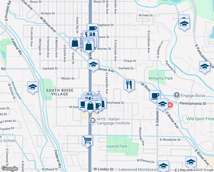 map of restaurants, bars, coffee shops, grocery stores, and more near 2002 South Leadville Avenue in Boise