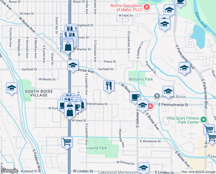 map of restaurants, bars, coffee shops, grocery stores, and more near 601 West Boise Avenue in Boise