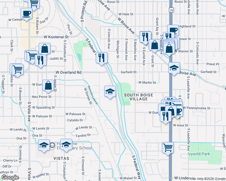 map of restaurants, bars, coffee shops, grocery stores, and more near 1707 South Federal Way in Boise