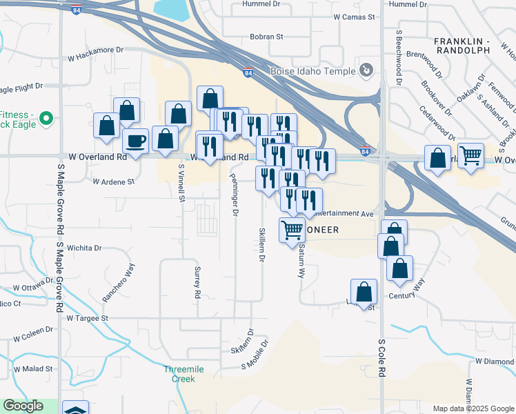 map of restaurants, bars, coffee shops, grocery stores, and more near 1735 South Ash Park Lane in Boise
