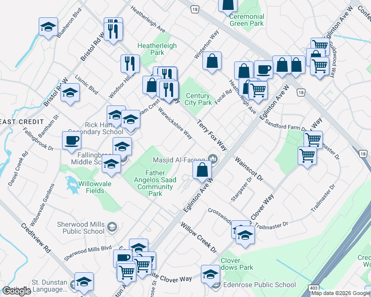 map of restaurants, bars, coffee shops, grocery stores, and more near 1061 Sherwood Mills Boulevard in Mississauga