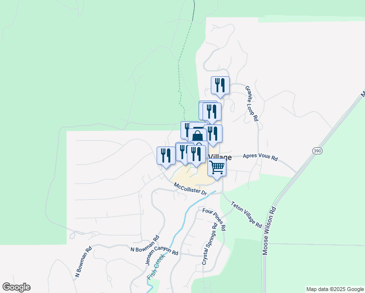 map of restaurants, bars, coffee shops, grocery stores, and more near 3340 Cody Lane in Teton Village