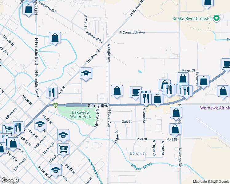 map of restaurants, bars, coffee shops, grocery stores, and more near 422 North Sugar Street in Nampa