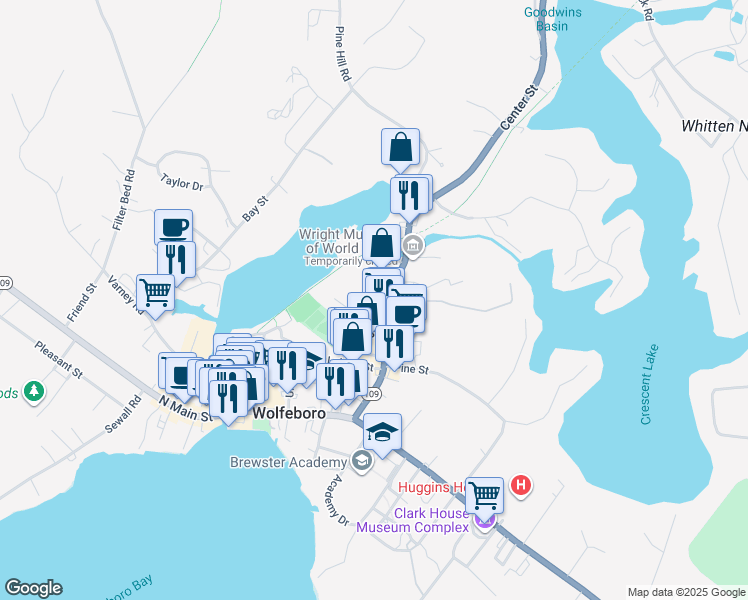 map of restaurants, bars, coffee shops, grocery stores, and more near 64 Center Street in Wolfeboro