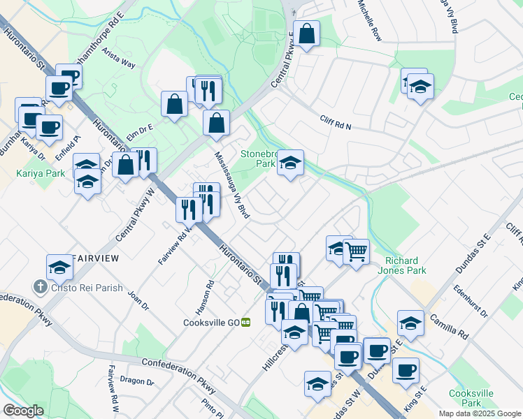 map of restaurants, bars, coffee shops, grocery stores, and more near 215 Mississauga Valley Boulevard in Mississauga