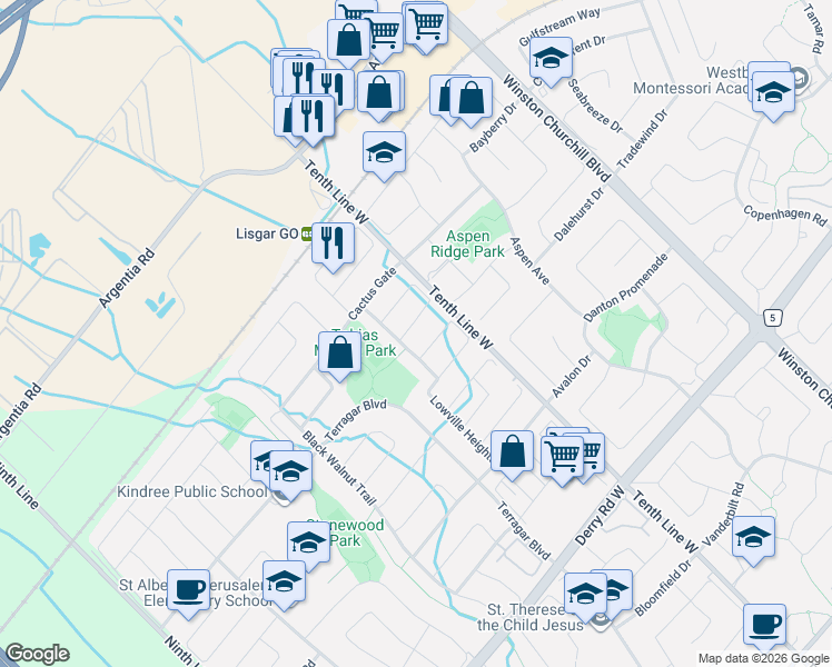 map of restaurants, bars, coffee shops, grocery stores, and more near 3232 Raindance Crescent in Mississauga