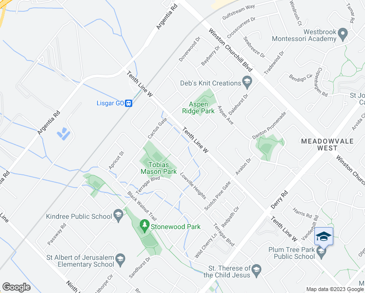 map of restaurants, bars, coffee shops, grocery stores, and more near 7353 Lowville Heights in Mississauga