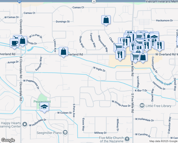 map of restaurants, bars, coffee shops, grocery stores, and more near 11215 West Inglin Court in Boise