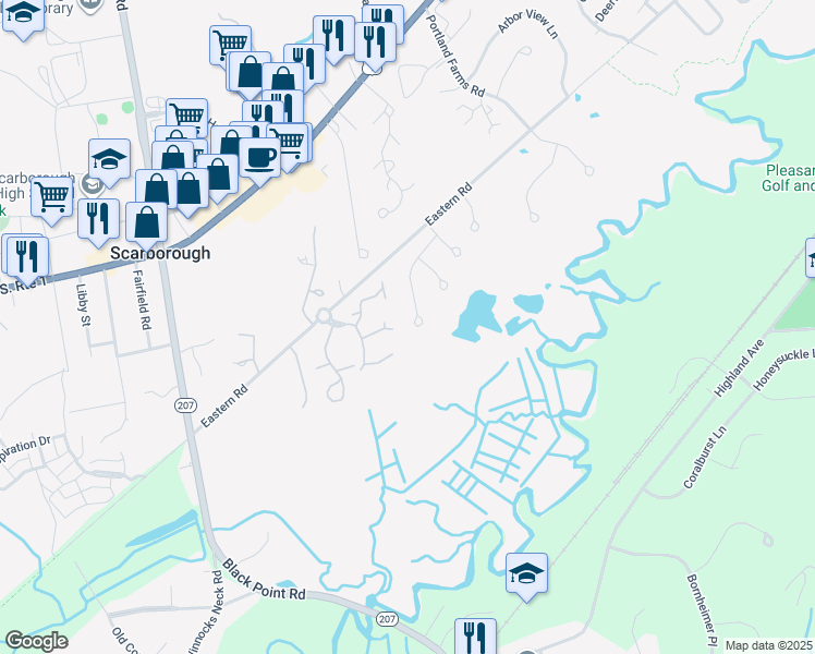 map of restaurants, bars, coffee shops, grocery stores, and more near 17 Grandview Drive in Scarborough