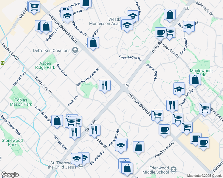 map of restaurants, bars, coffee shops, grocery stores, and more near 3043 Pendleton Road in Mississauga