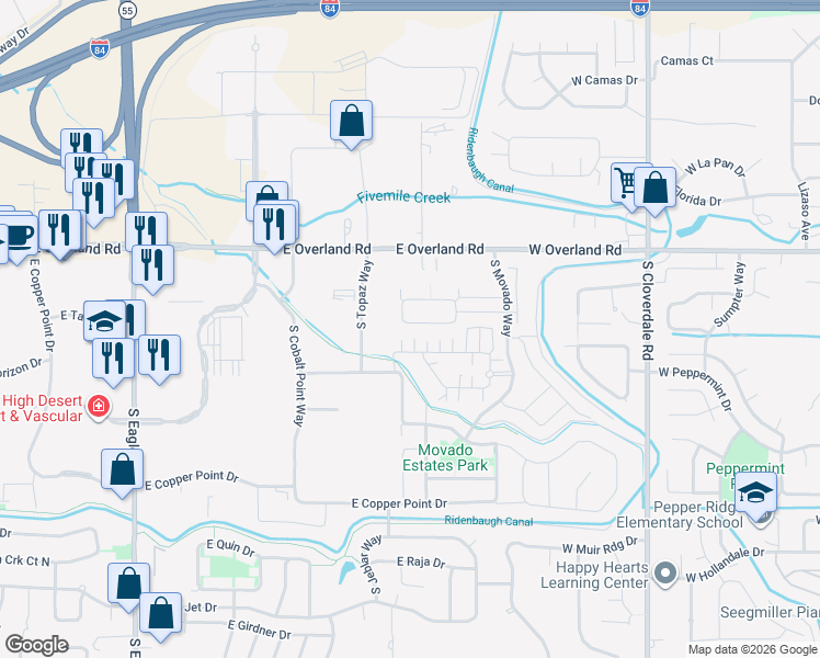 map of restaurants, bars, coffee shops, grocery stores, and more near 4124 East Blueberry Street in Meridian