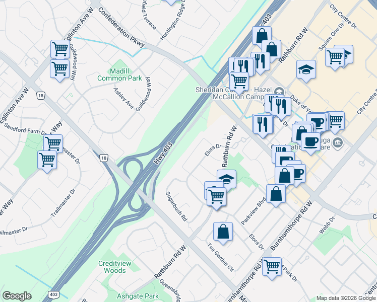 map of restaurants, bars, coffee shops, grocery stores, and more near 485 Greenpark Crescent in Mississauga