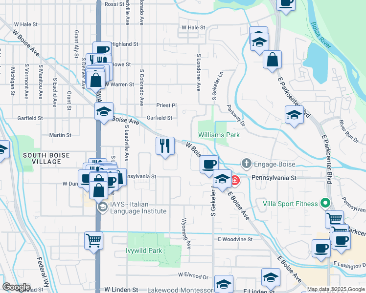 map of restaurants, bars, coffee shops, grocery stores, and more near 1967 South Londoner Way in Boise