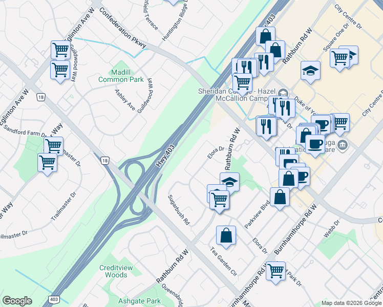 map of restaurants, bars, coffee shops, grocery stores, and more near 485 Greenpark Crescent in Mississauga