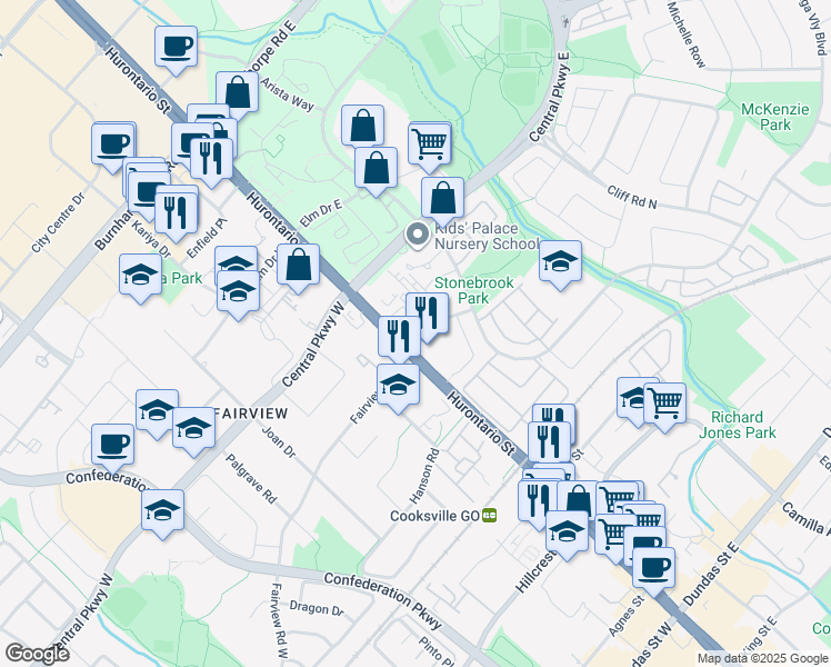 map of restaurants, bars, coffee shops, grocery stores, and more near 1-38 Fairview Road West in Mississauga