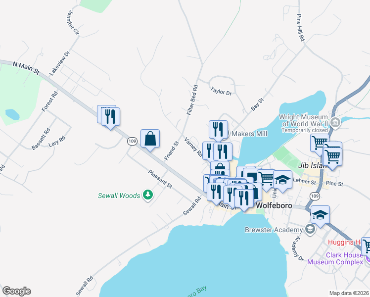 map of restaurants, bars, coffee shops, grocery stores, and more near 24 Varney Road in Wolfeboro