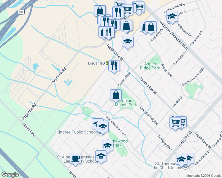 map of restaurants, bars, coffee shops, grocery stores, and more near 7683 Black Walnut Trail in Mississauga