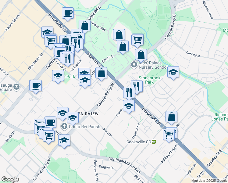 map of restaurants, bars, coffee shops, grocery stores, and more near 30 Central Parkway West in Mississauga