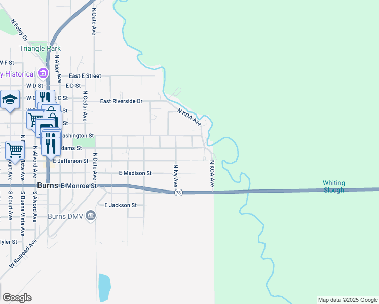 map of restaurants, bars, coffee shops, grocery stores, and more near 950 East Adams Street in Burns