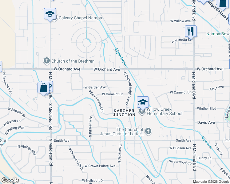 map of restaurants, bars, coffee shops, grocery stores, and more near 1825 West Garden Court in Nampa